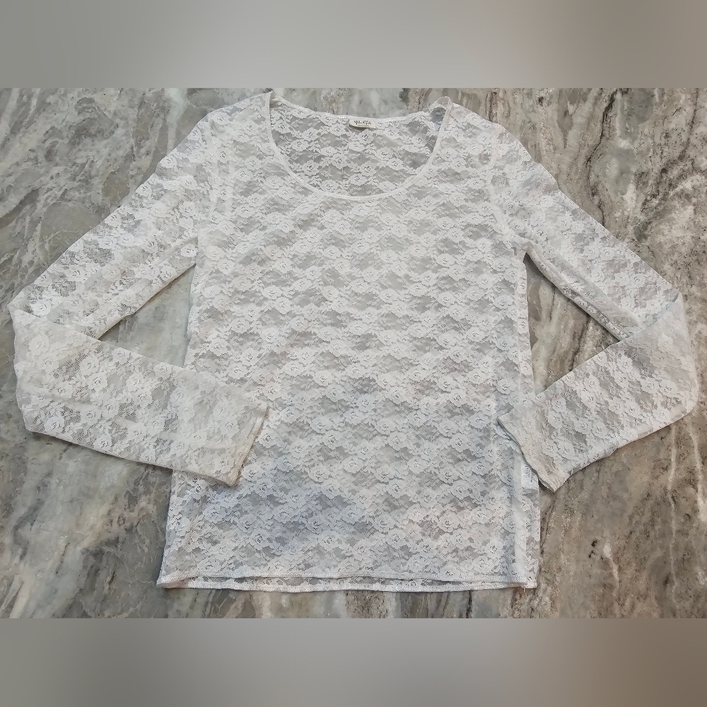 J. Galt California White Floral Lace Sheer Long Sleeve Top Size S